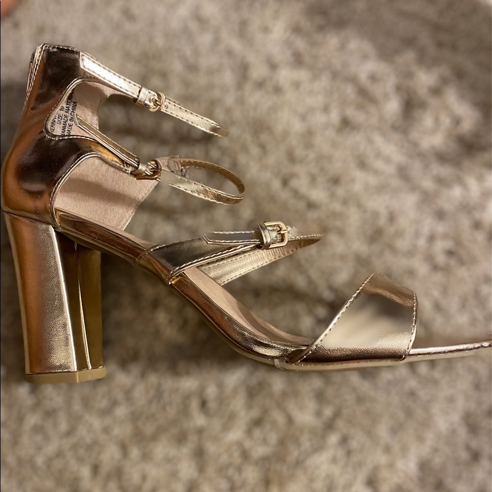 Metallic rose gold block heels
